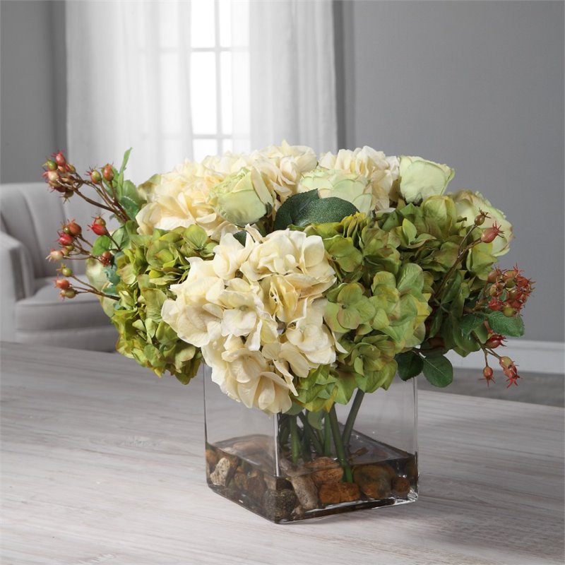 Uttermost Cecily Polyester Iron and Glass Hydrangea Bouquet in Clear