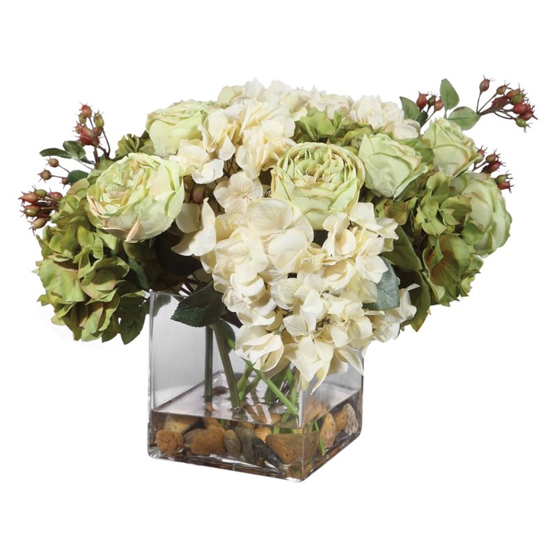 Uttermost Cecily Polyester Iron and Glass Hydrangea Bouquet in Clear