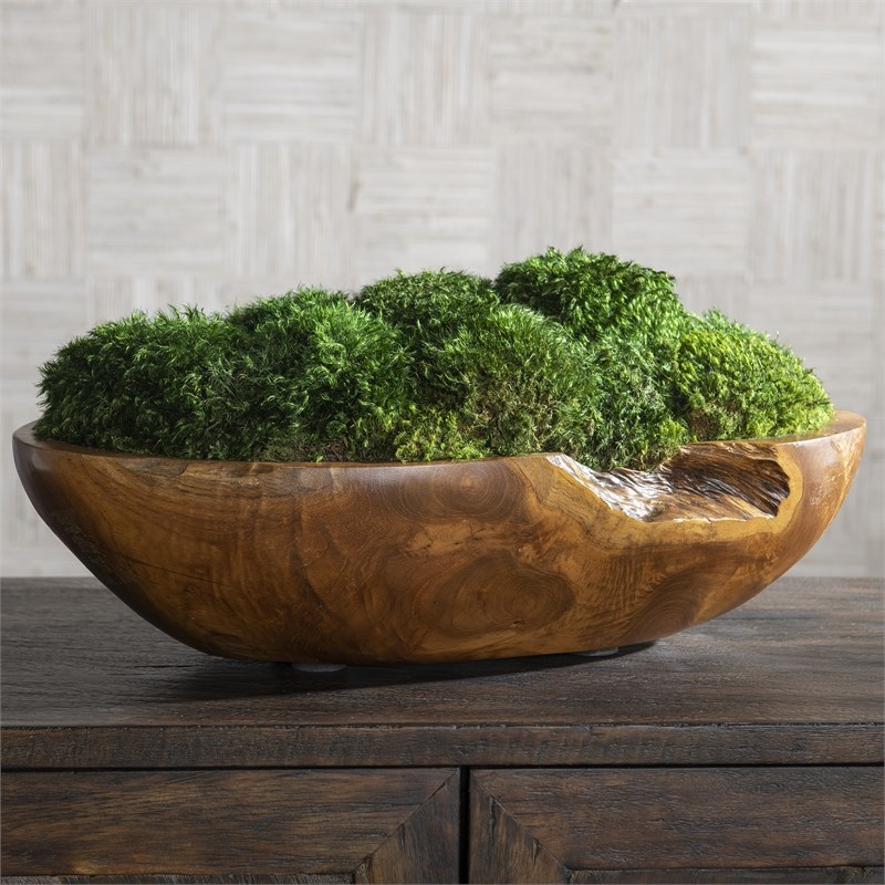 Uttermost Kinsale Teak Wood Moss and Foam Centerpiece in Green/Woodtone
