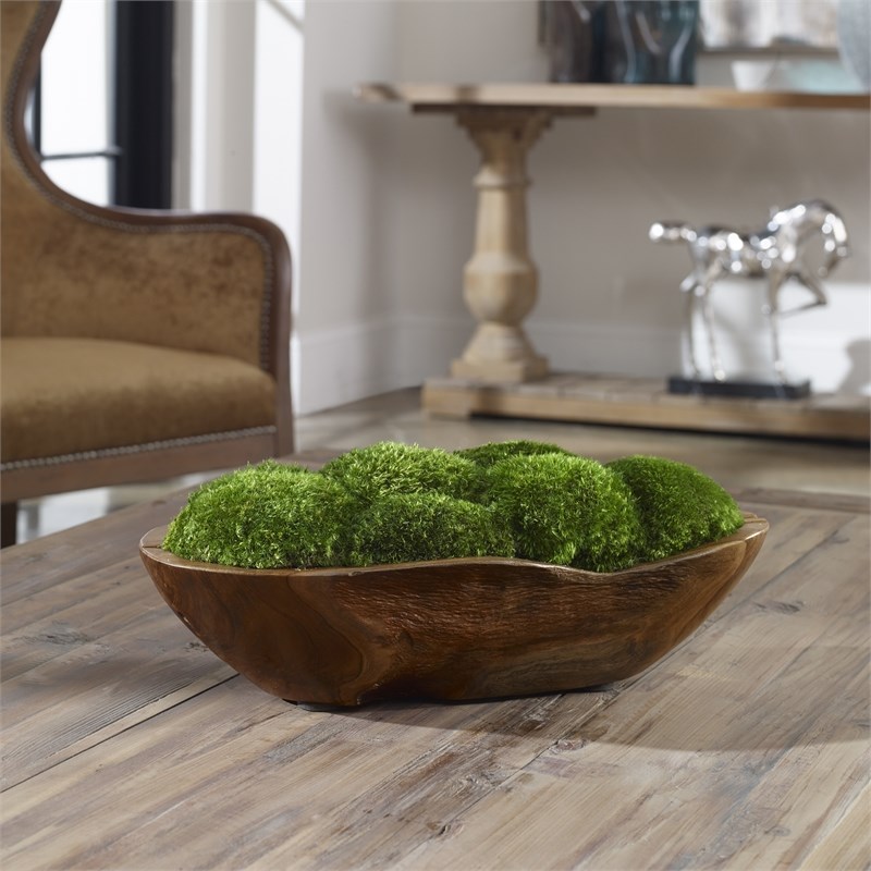 Uttermost Kinsale Teak Wood Moss and Foam Centerpiece in Green/Woodtone