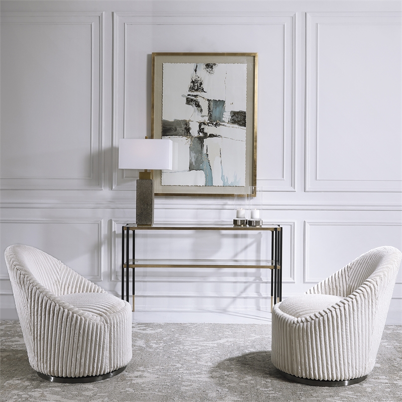 Uttermost Crue Wood Stainless Steel and Fabric Swivel Chair in White