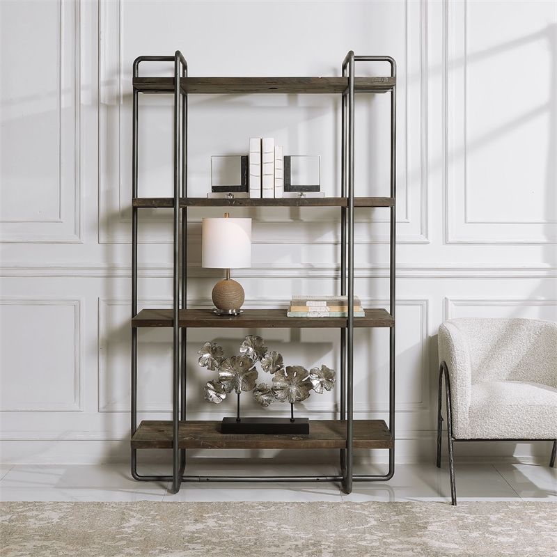 Uttermost Stilo Farmhouse Boat Wood Plywood and Steel Etagere in Brown/Gray