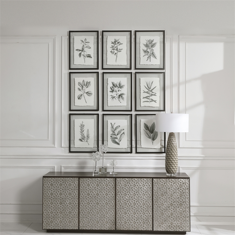 Uttermost Farmhouse Florals Iron Glass Cotton Prints in Black/White (Set of 9)