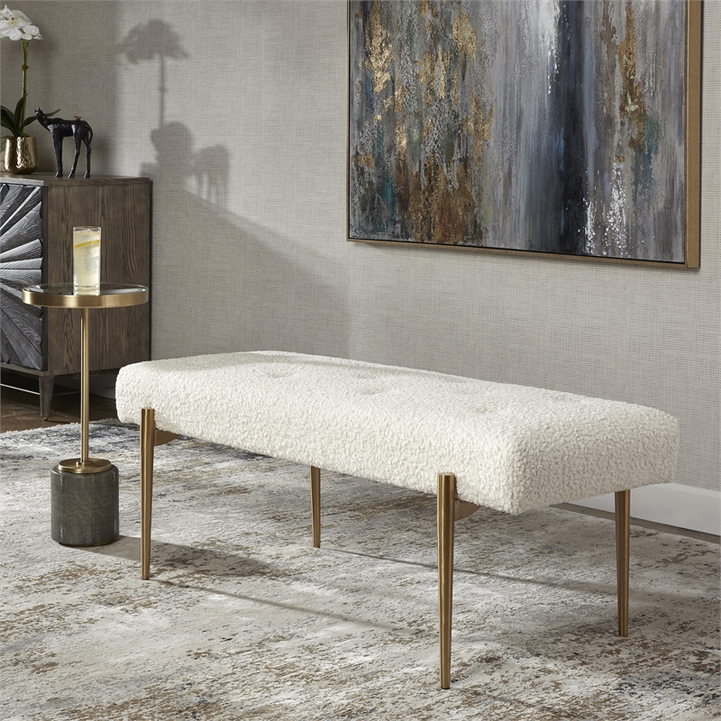 Uttermost Olivier Contemporary Fabric and Stainless Steel Bench in White