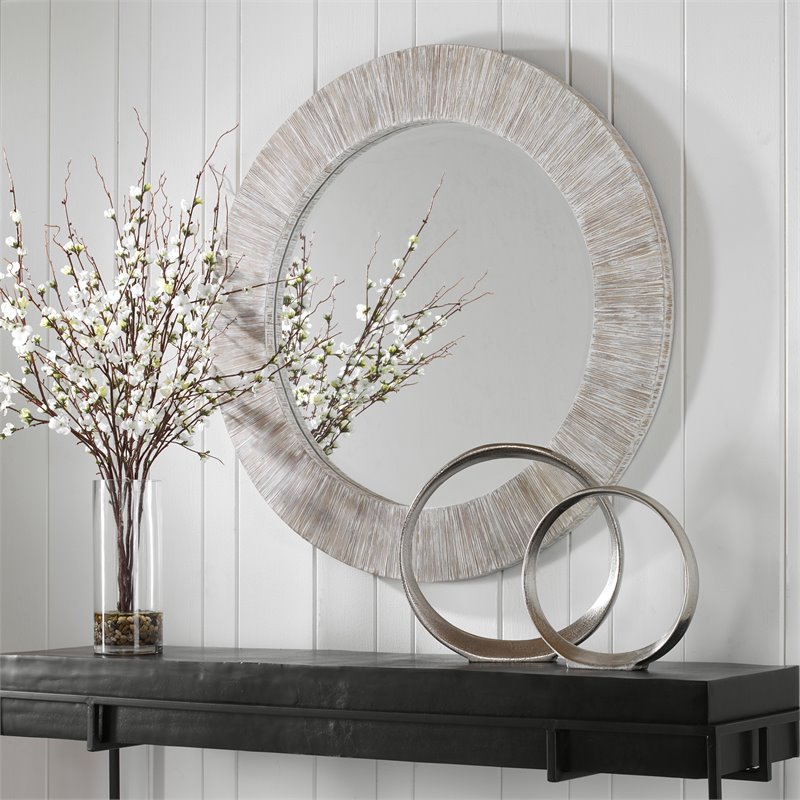 Uttermost Repose Round Coastal Bamboo and Wood Mirror in White