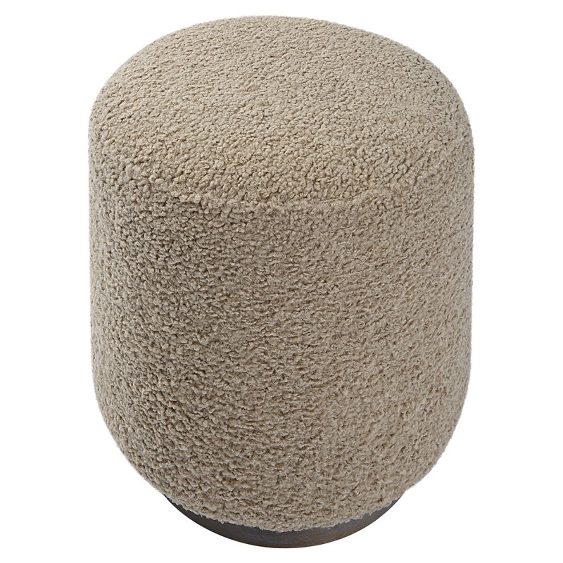 Uttermost Avila Round Contemporary Wood and Fabric Ottoman in Natural Walnut