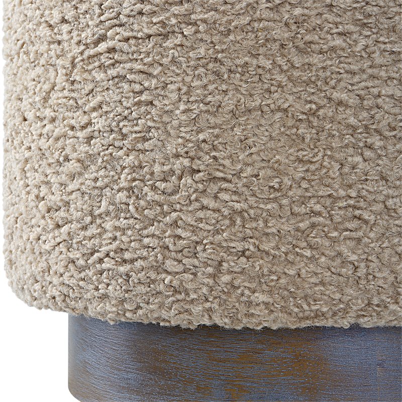 Uttermost Avila Round Contemporary Wood and Fabric Ottoman in Natural Walnut
