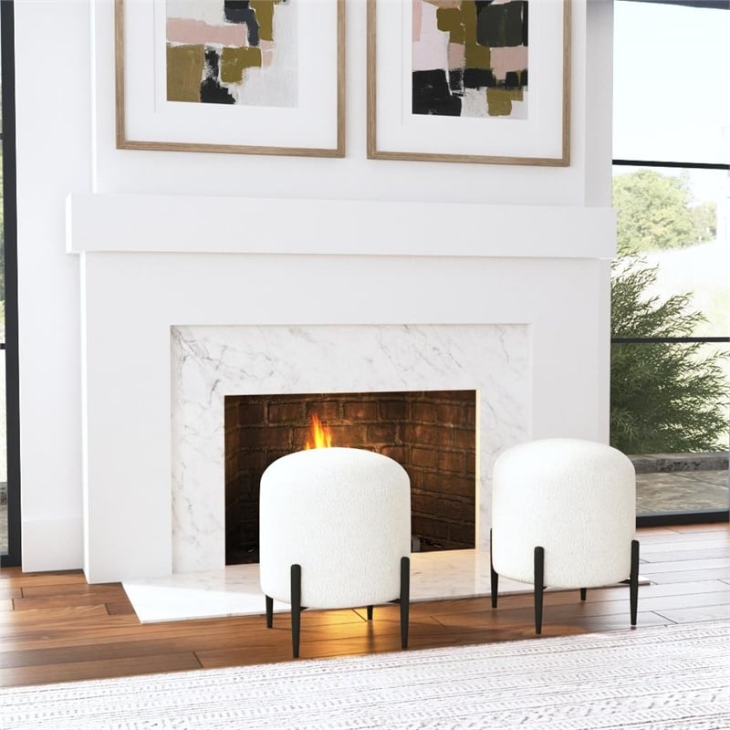 Uttermost Arles Contemporary Fabric Shearling Ottoman in White/Satin Black