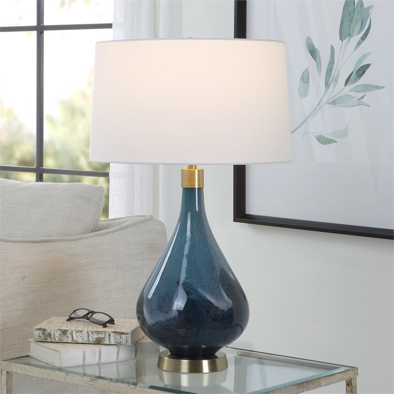 Uttermost Riviera Coastal Steel Glass Table Lamp in Sapphire Blue/Antique Brass