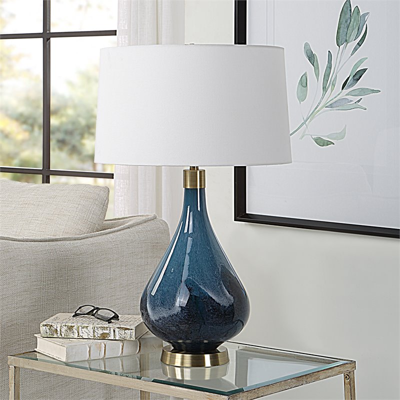 Uttermost Riviera Coastal Steel Glass Table Lamp in Sapphire Blue/Antique Brass
