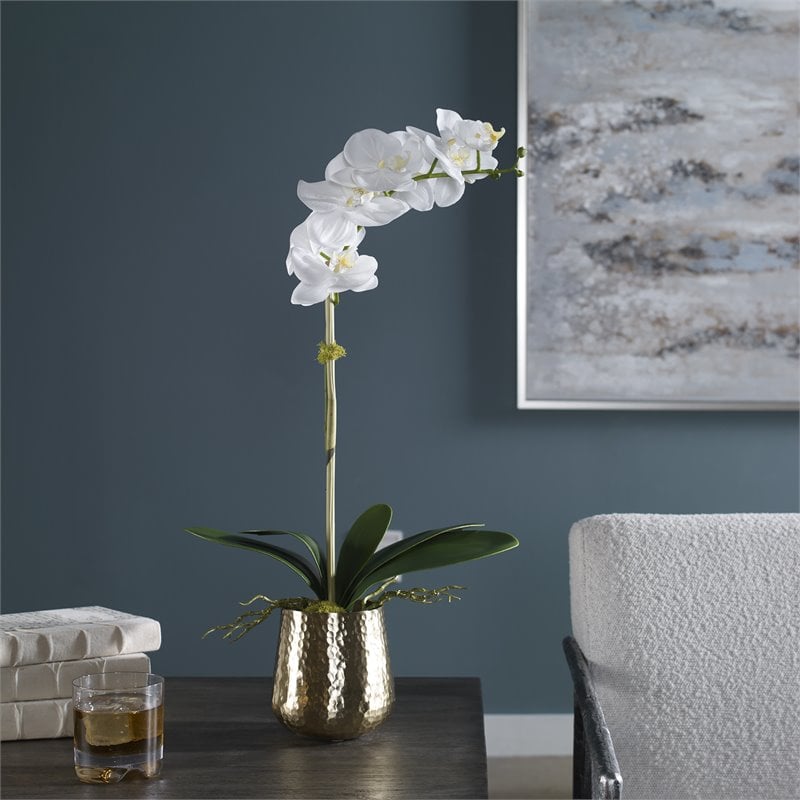 Uttermost Cami Metal Orchid with Brass Pot and Reindeer Moss in White/Brass