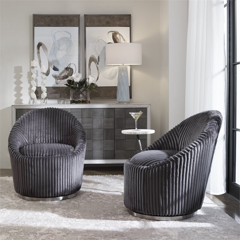 Uttermost Crue Contemporary Stainless Steel and Fabric Swivel Chair in Gray