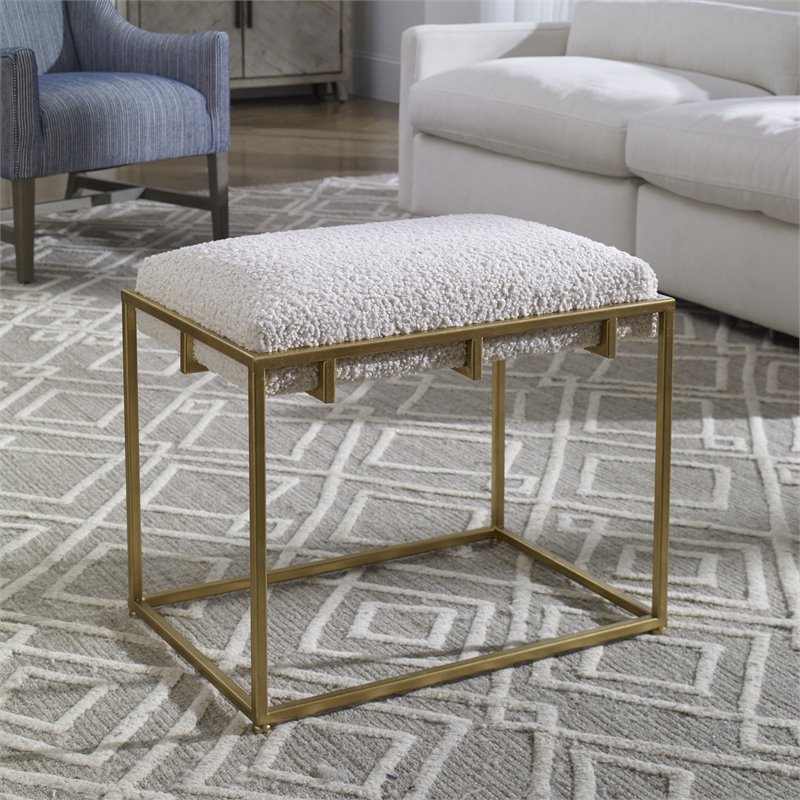 Uttermost Paradox Small Iron Metal and Fabric Shearling Bench in White/Gold