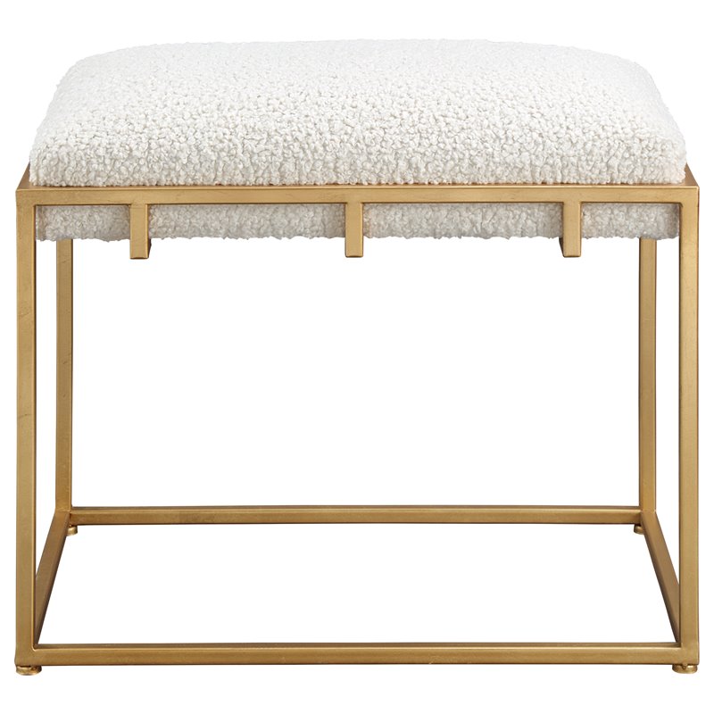 Uttermost Paradox Small Iron Metal and Fabric Shearling Bench in White/Gold