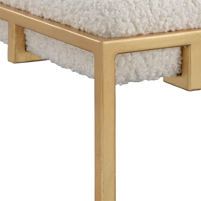 Uttermost Paradox Small Iron Metal and Fabric Shearling Bench in White/Gold