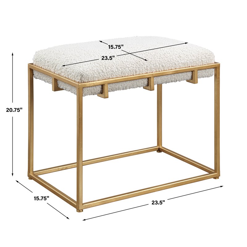 Uttermost Paradox Small Iron Metal and Fabric Shearling Bench in White/Gold
