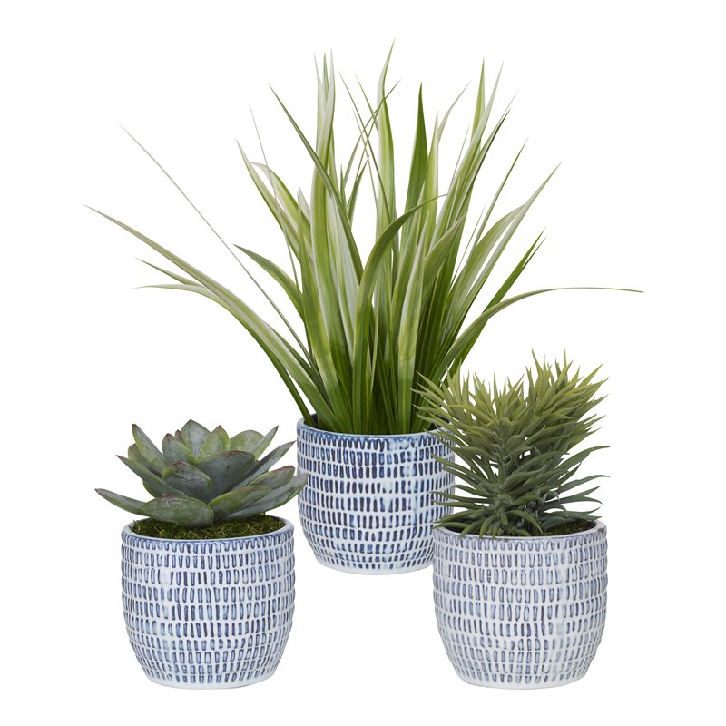 Uttermost Puebla Coastal Plastic and Ceramic Pots in Blue/White (Set of 3)