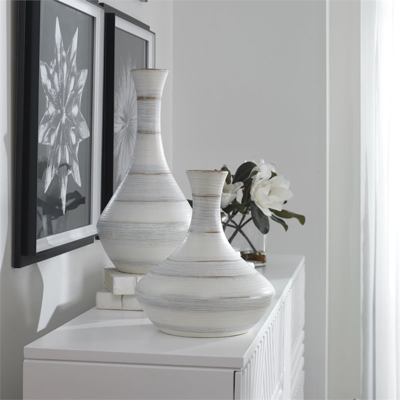 Uttermost Potter Fluted Striped Earthenware Vases in Ivory/Blue/Tan (Set of 2)