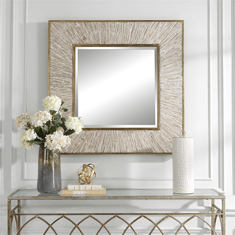 Uttermost Wharton Square Farmhouse MDF Wood and Iron Mirror in Gold/Woodtone