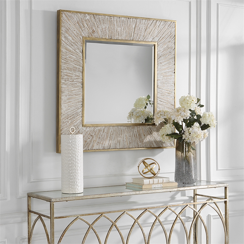 Uttermost Wharton Square Farmhouse MDF Wood and Iron Mirror in Gold/Woodtone