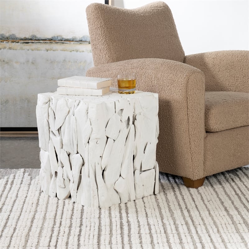 Uttermost Teak Root Farmhouse Teak Wood Bunching Cube in Whitewashed Finish