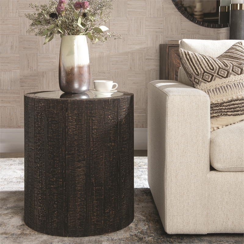 Uttermost Sequoia Farmhouse Wood Mirrored Drum Table in Rustic Dark Walnut