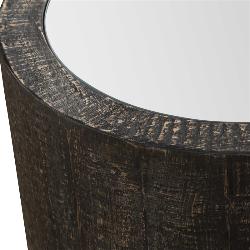 Uttermost Sequoia Farmhouse Wood Mirrored Drum Table in Rustic Dark Walnut
