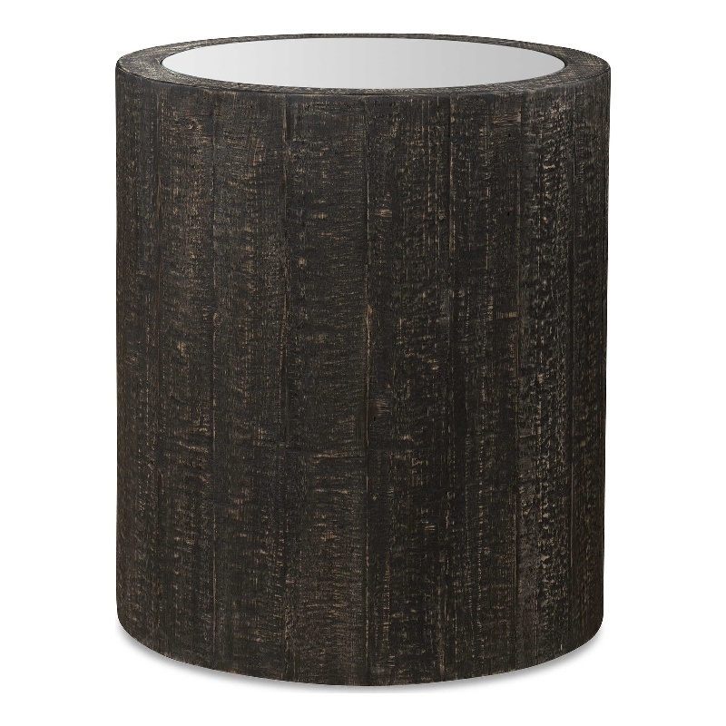 Uttermost Sequoia Farmhouse Wood Mirrored Drum Table in Rustic Dark Walnut