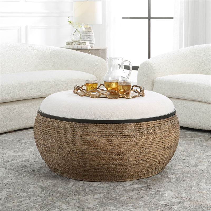 Uttermost Island Farmhouse MDF Straw Iron and Fabric Storage Ottoman in Brown