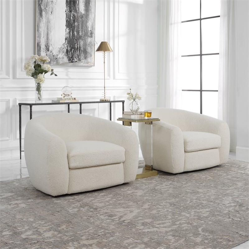 Uttermost Capra Contemporary Fabric and Wood Art Deco Swivel Chair in White