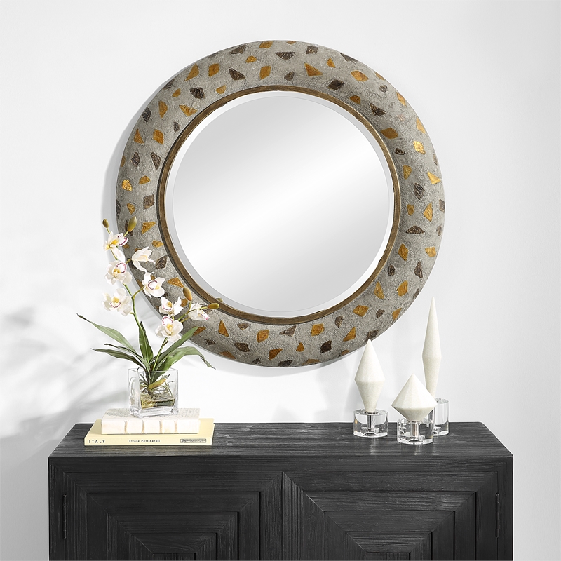 Uttermost Copper Terrazzo Contemporary Iron Metal Round Mirror in Gray
