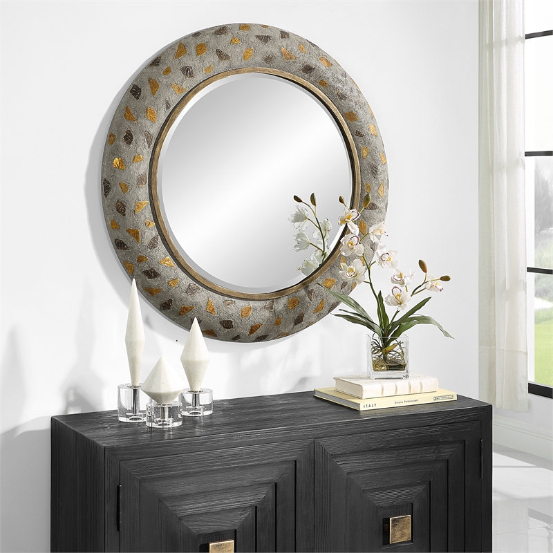 Uttermost Copper Terrazzo Contemporary Iron Metal Round Mirror in Gray