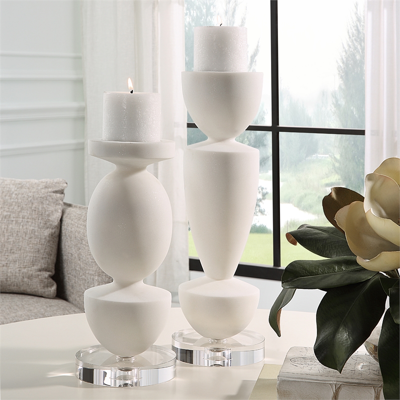 Uttermost Lido Modern Rice Stone/Crystal Candleholder in White/Clear (Set of 2)