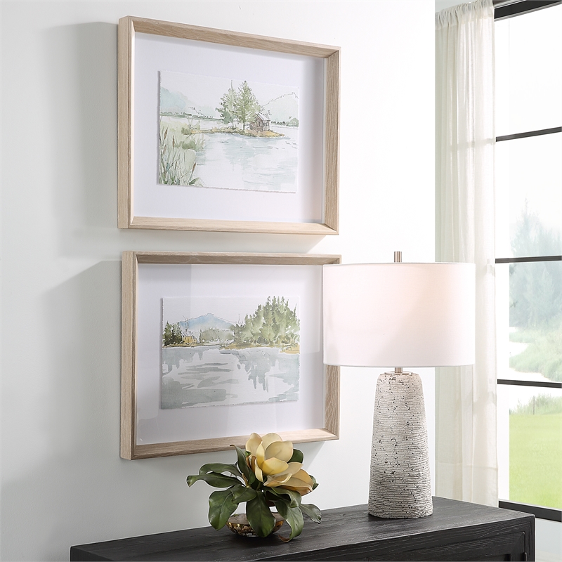 Uttermost Serene Traditional Wood Lake Framed Print in Gray (Set of 2)