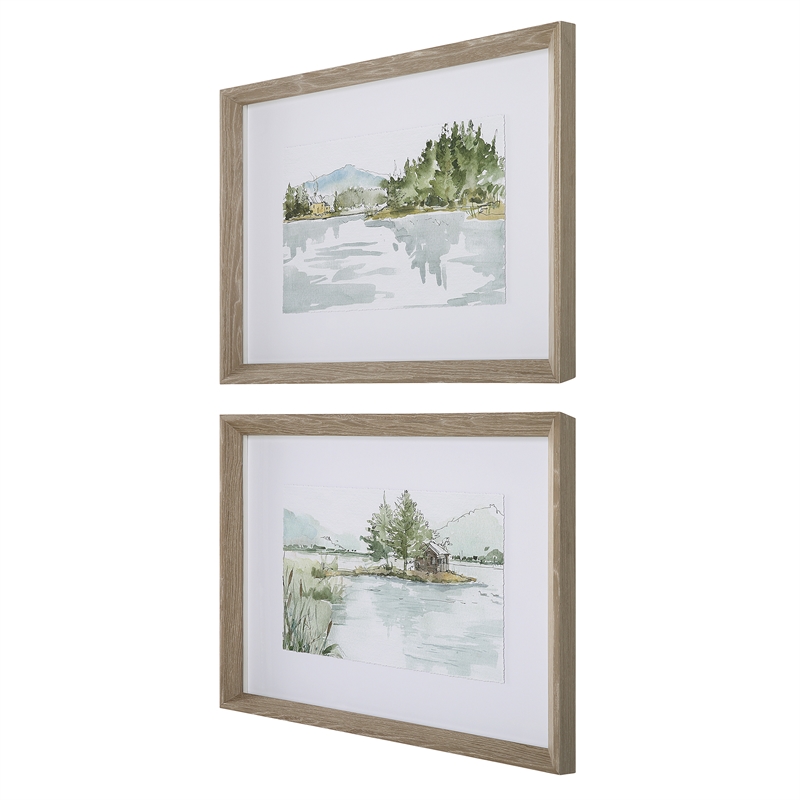 Uttermost Serene Traditional Wood Lake Framed Print in Gray (Set of 2)