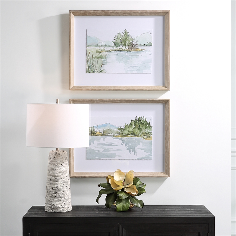 Uttermost Serene Traditional Wood Lake Framed Print in Gray (Set of 2)