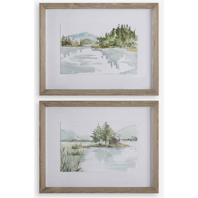 Uttermost Serene Traditional Wood Lake Framed Print in Gray (Set of 2)