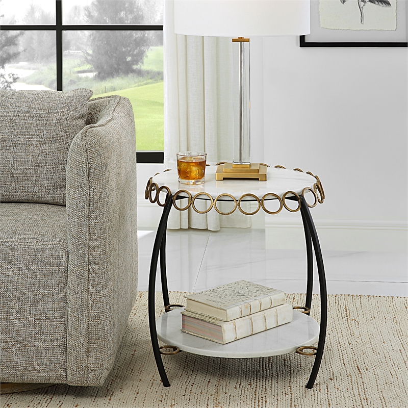 Uttermost Chainlink Contemporary Marble & Iron Side Table in White/Gold/Black
