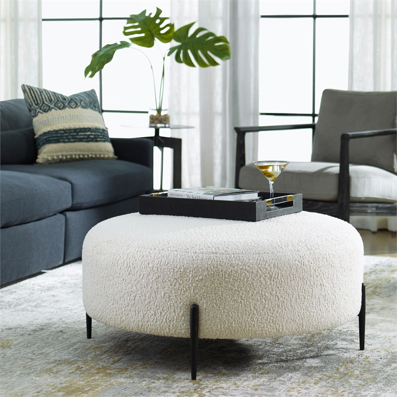 Uttermost Arles Contemporary Fabric & Metal Ottoman in White/Black