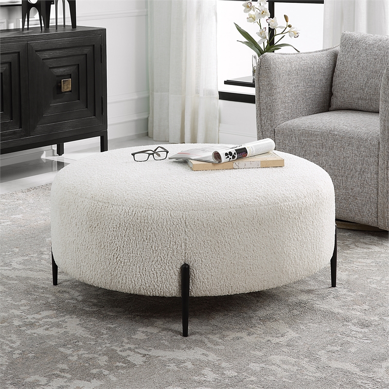 Uttermost Arles Contemporary Fabric & Metal Ottoman in White/Black