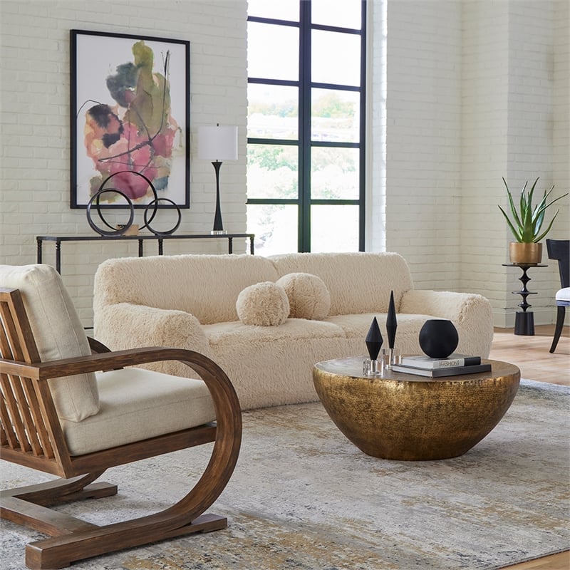 Uttermost Abide Contemporary Faux Sheepskin Fabric Upholstered Sofa in Caramel