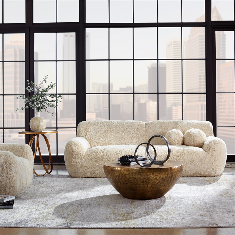 Uttermost Abide Contemporary Faux Sheepskin Fabric Upholstered Sofa in Caramel