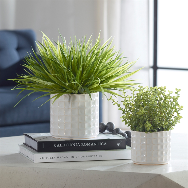 Uttermost Edgewood Coastal Ceramic/Plastic Flower Pot in White/Green (Set of 2)