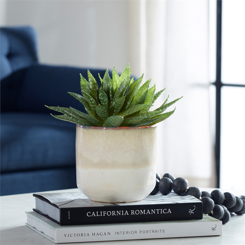 Uttermost Doha Coastal Ombre Glazed Ceramic/Plastic Flower Pot in Beige/Green