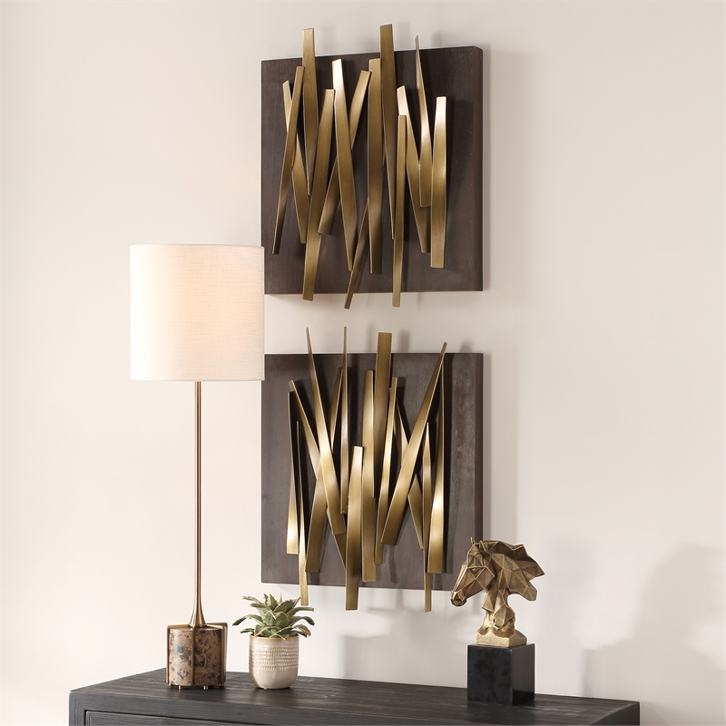 Uttermost Crosshatch Metal Wall Decor in Gold (Set of 2)