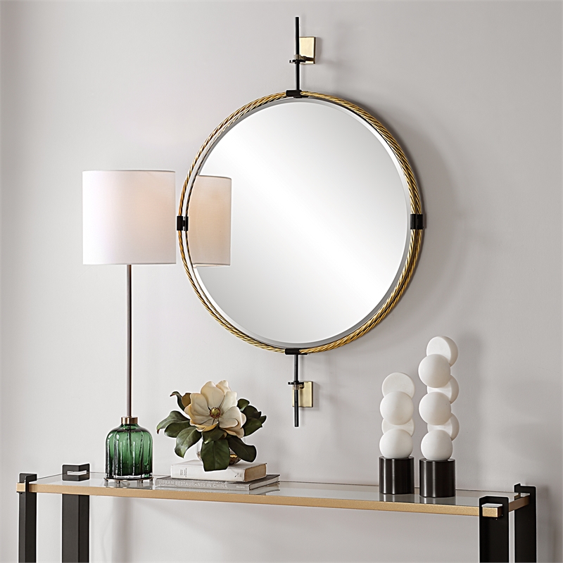 Uttermost Guardrail Round Mirror in Antique Brass