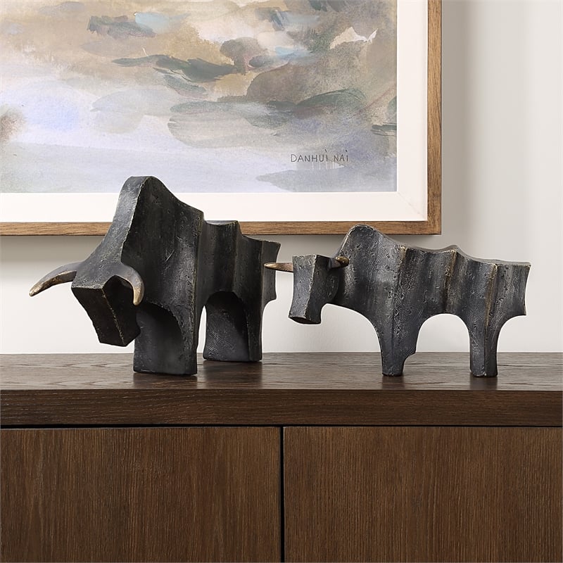 Uttermost Regal Bull Bronze Sculptures Set of 2