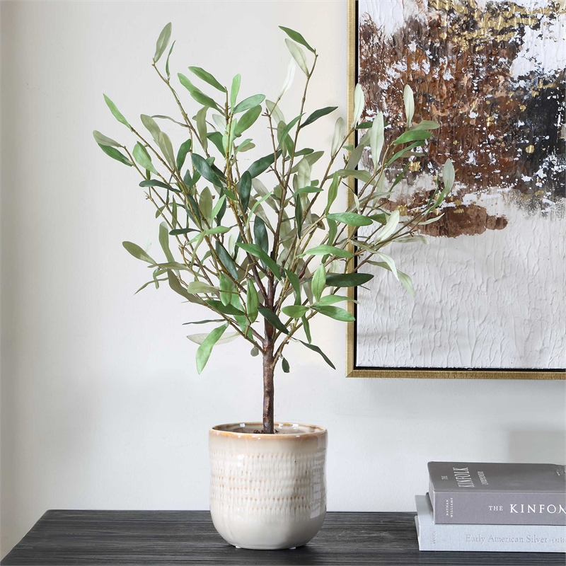 Uttermost Solea Olive Accent & Textured Vase in Hued Green And Silvery Leaves