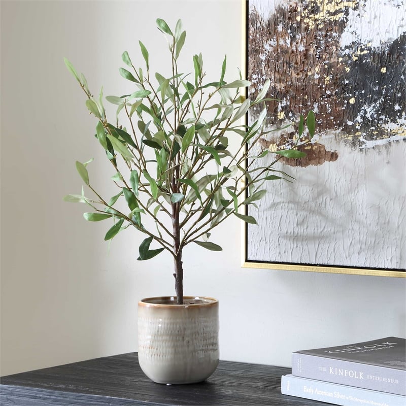 Uttermost Solea Olive Accent & Textured Vase in Hued Green And Silvery Leaves