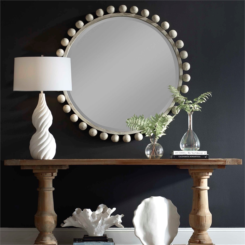 Uttermost Cyra Wood Round Mirror in Aged Ivory